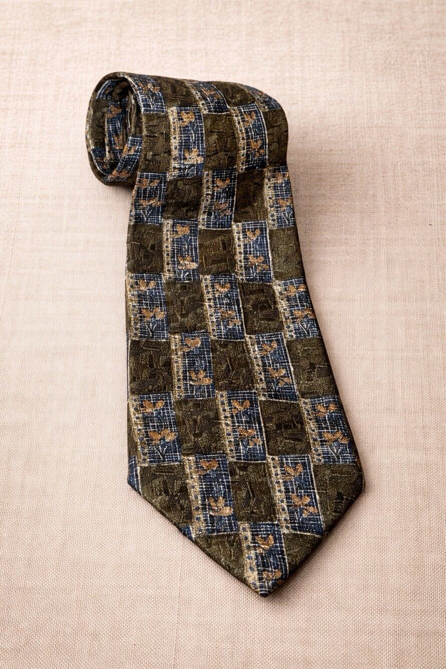 VTG Geoffrey Beene Silk Tie 90s Geometric Power Tie Olive Navy Tan Heritage